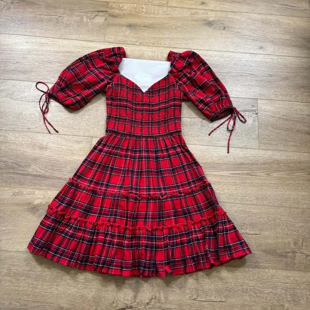 JessaKae Clara Plaid Smocked Puff Sleeve Tiered Dress Red Black S Boho - Picture 5 of 7